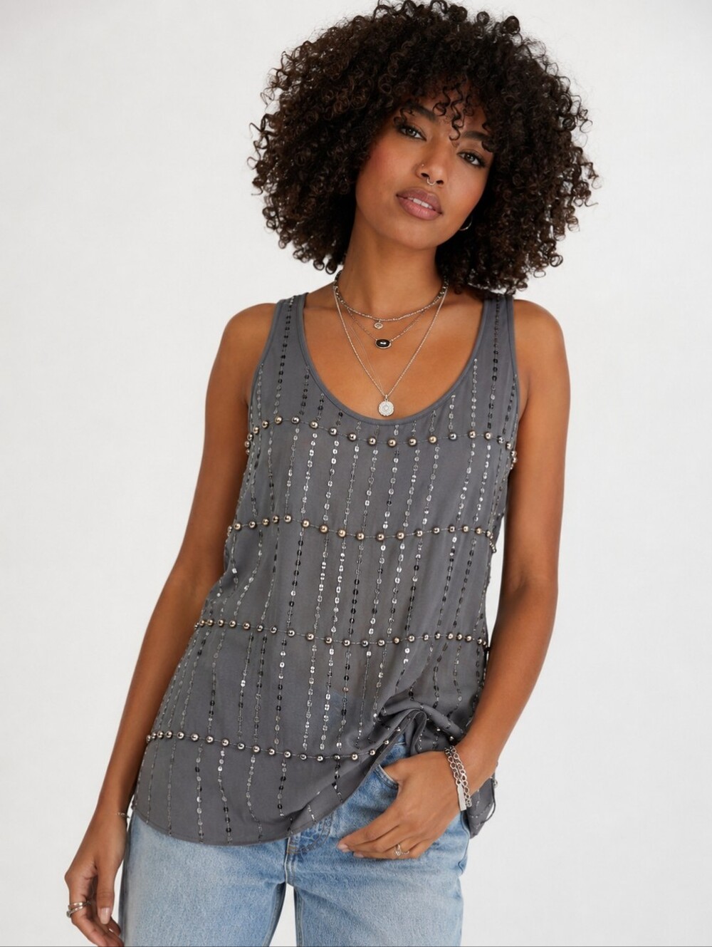 EXPRESS METALLIC BEADED SEQUIN RACERBACK TANK TOP GRAY MEDIUM